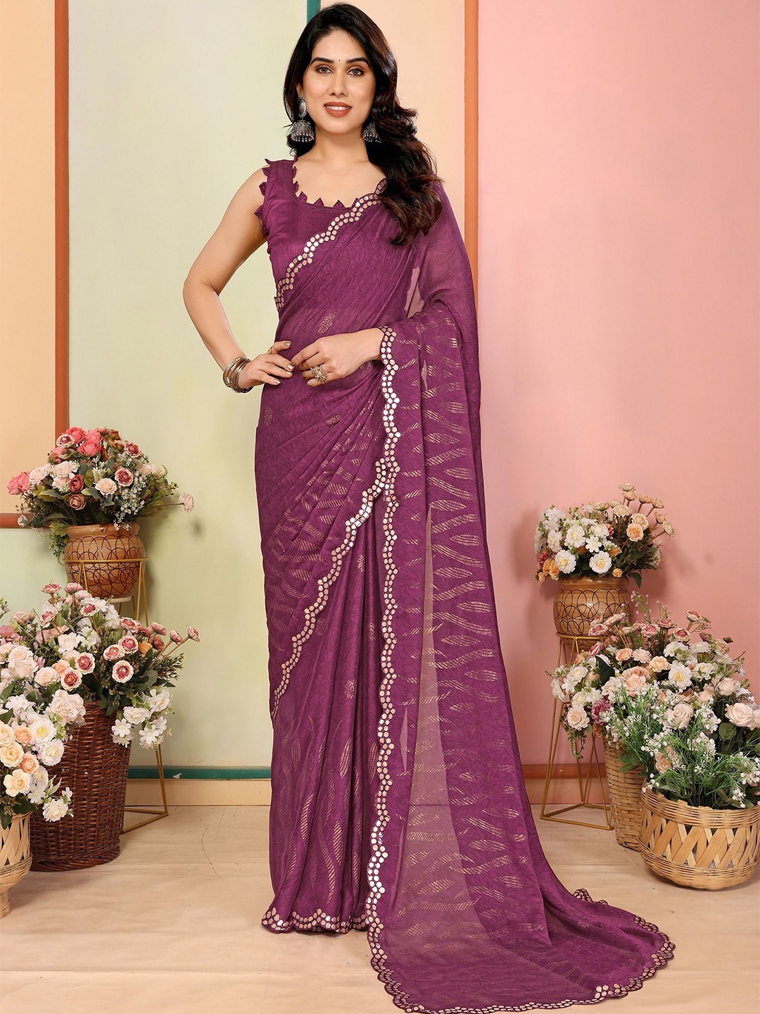 

CATCHY FOREVER Ethnic Motifs Sequinned Saree, Purple