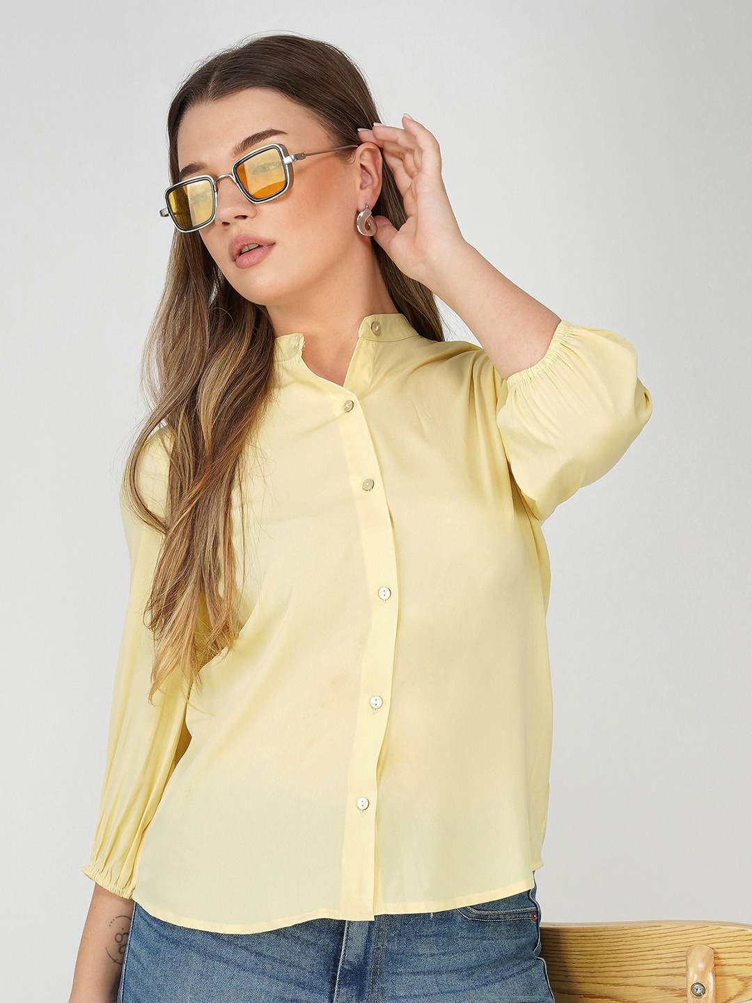 

Avor Lifestyle Women Mandarin Collar Puff Sleeves Top, Yellow