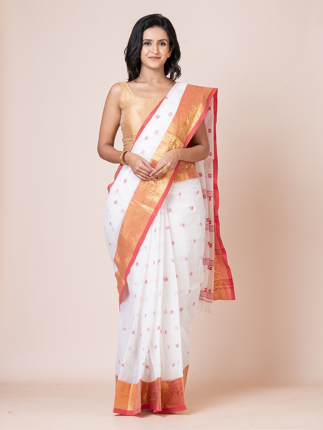 

PUKU Woven Design Zari Pure Cotton Saree, White
