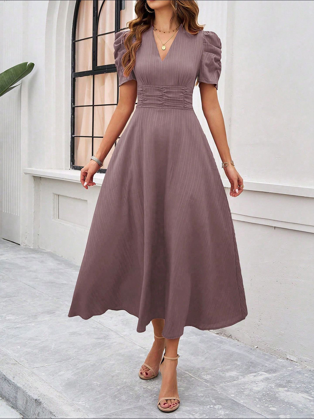 

StyleCast x Revolte Women V-Neck Fit and Flare Dress, Brown
