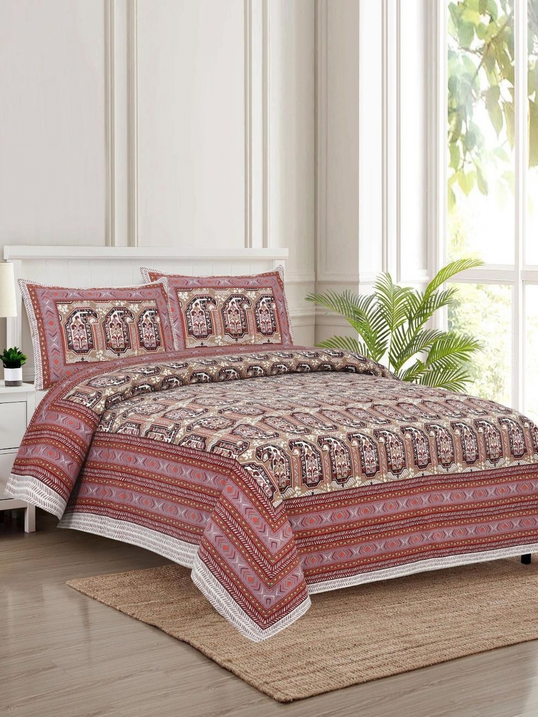 

HOMELINE Purple & Maroon Printed 180 TC King Bedsheet & 2 Pillow Covers 2.84m x 2.84m