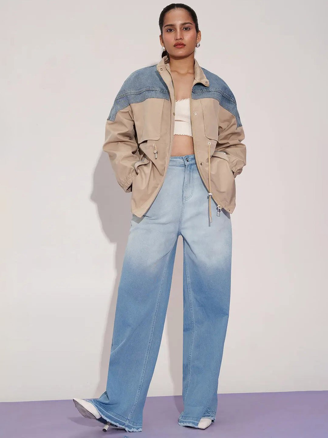 

FREAKINS Women Colourblocked Baggy Tailored Jacket, Beige