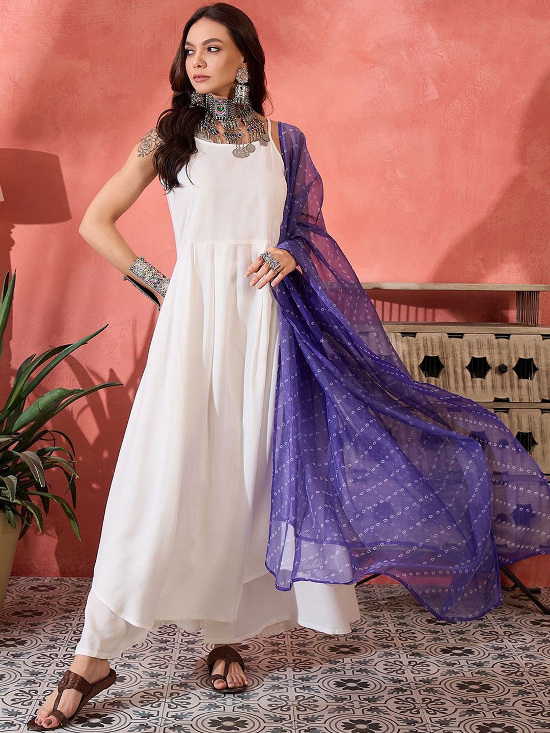 

InWeave Women Regular Kurta with Palazzos & With Dupatta, White