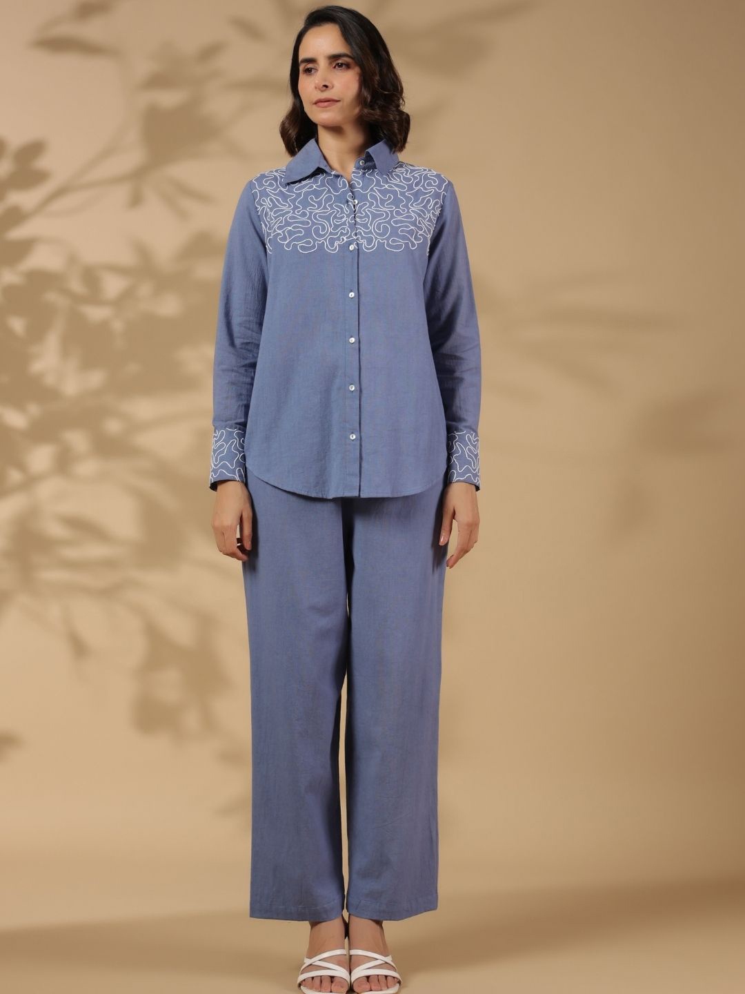 

Kaftanize Embroidered Three-Quarter Sleeves Shirt with Palazzo, Blue