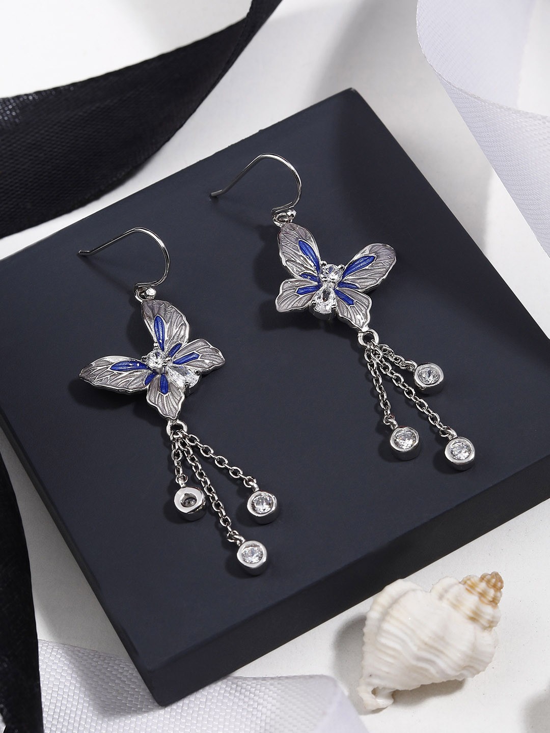 

DIAVO Women Rhodium Plated Silver Toned Butterfly Drop Earrings