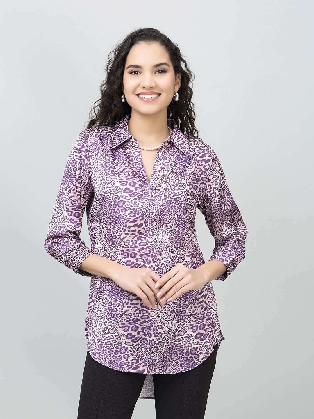 

PURYS Women Animal Printed Shirt Collar Tunic, Purple