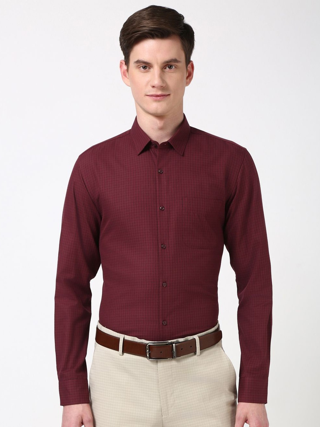 

Peter England Men Slim Fit Opaque Checked Formal Shirt, Maroon