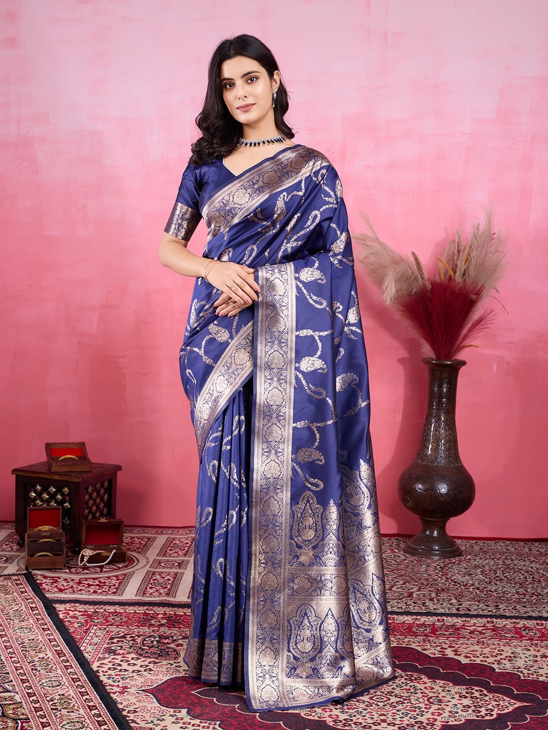 

V3 FASHION STUDIO Woven Design Zari Pure Silk Banarasi Saree, Blue