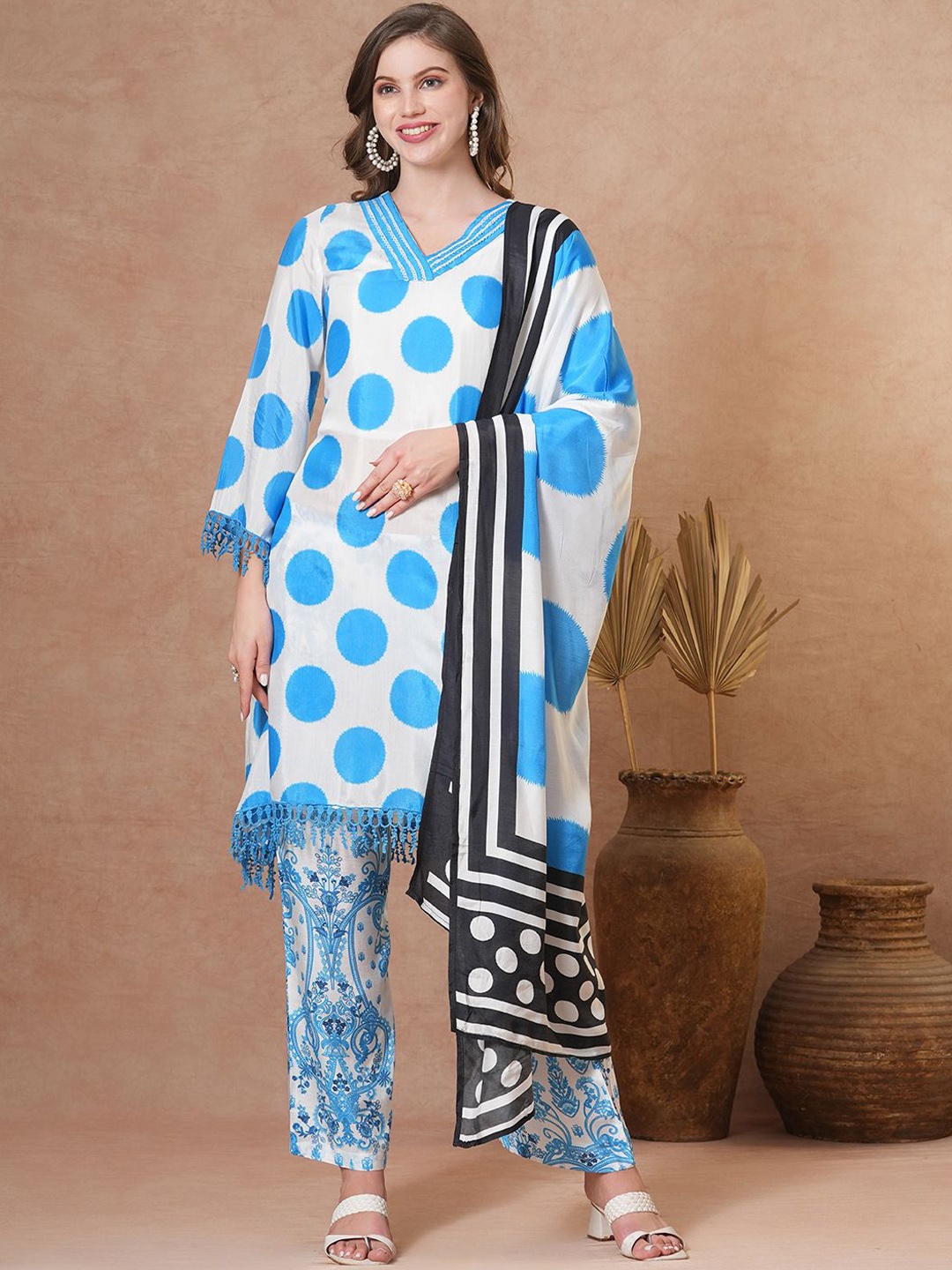 

FASHOR Women Polka Dot Printed A-Line Kurta With Trousers & Dupatta, Blue
