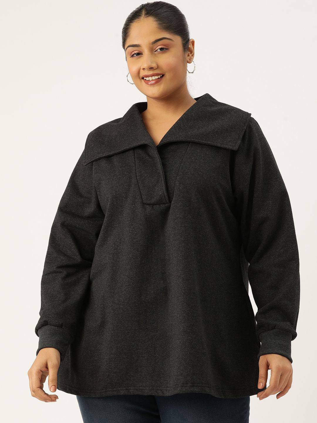 

theRebelinme Women Plus Size Cuffed Sleeves Top, Charcoal