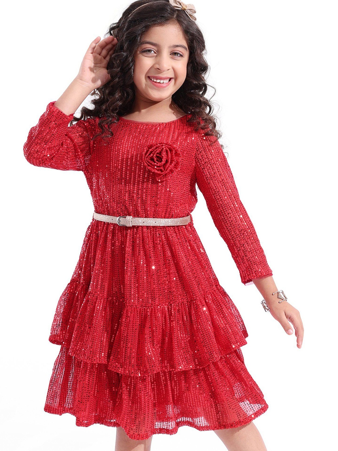 

Hola Bonita Girls Embellished Sequined Fit & Flare Dress, Red