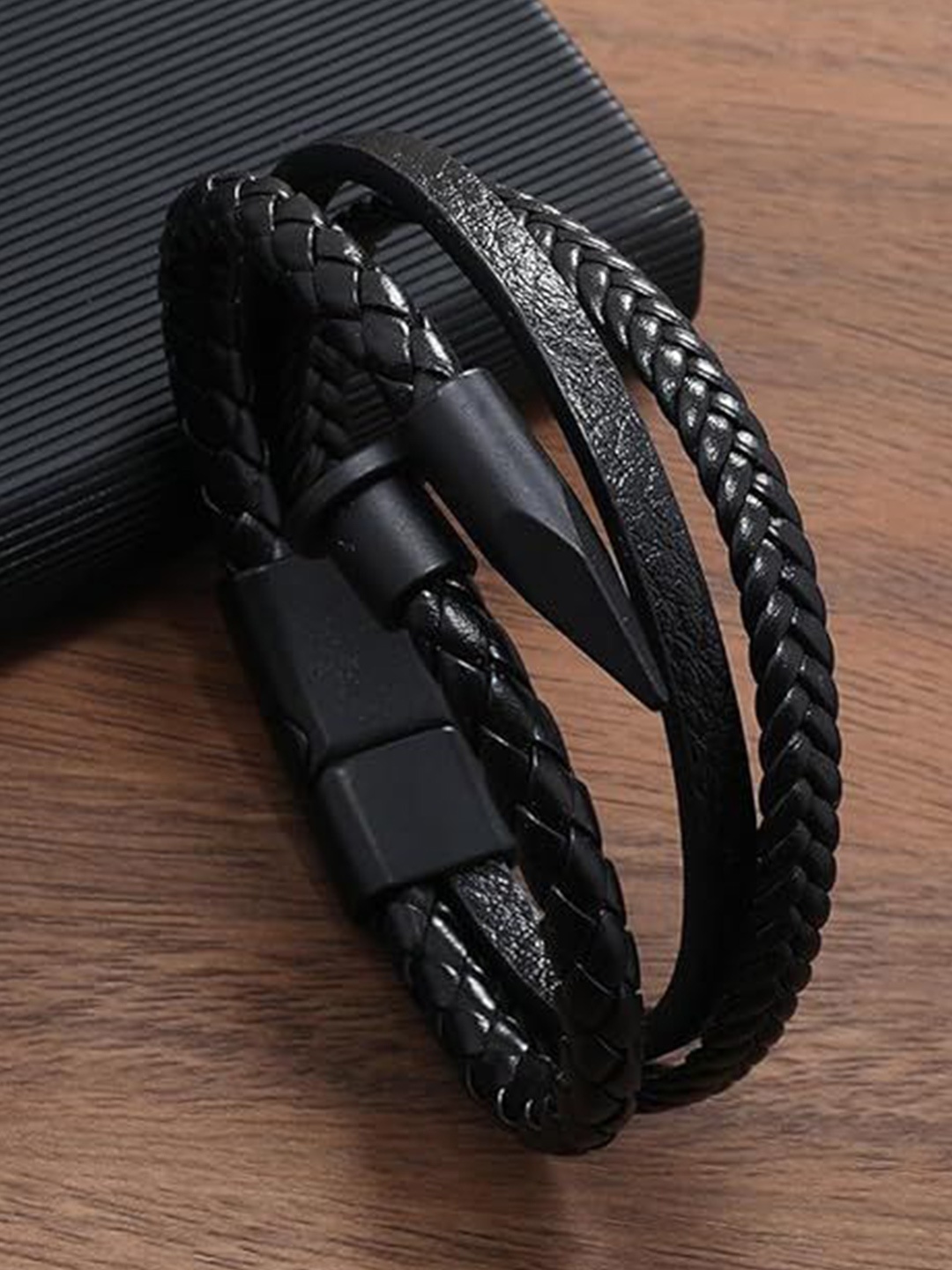 

MEENAZ Men Leather Oxidised Silver-Plated Multistrand Bracelet, Black