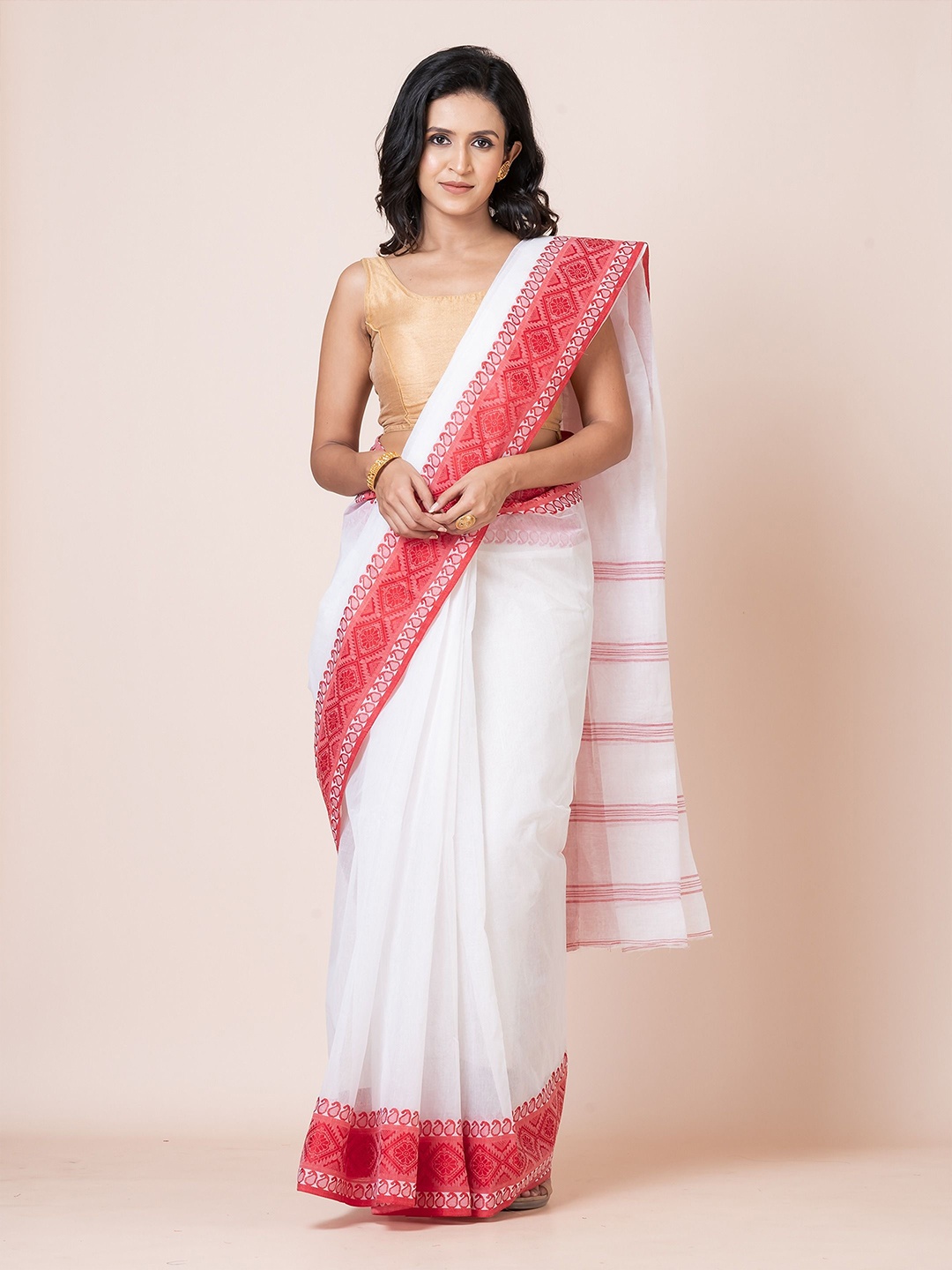 

PUKU Ethnic Motifs Woven Design Zari Pure Cotton Taant Saree, White
