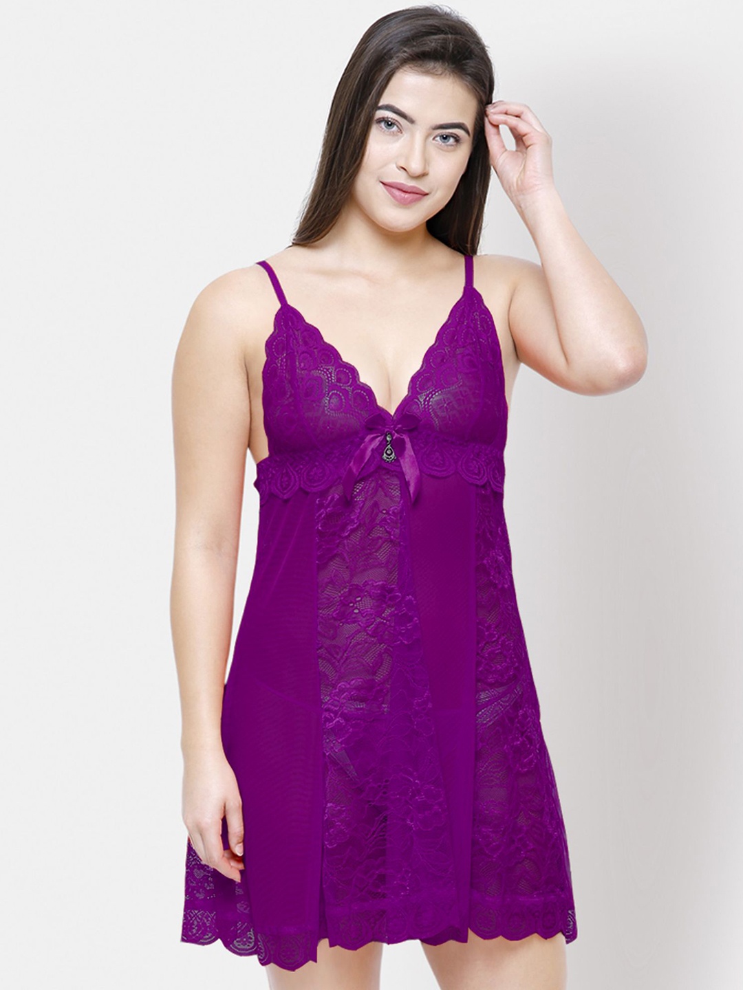 

NOIRA Women Self Design Net Baby Doll, Purple