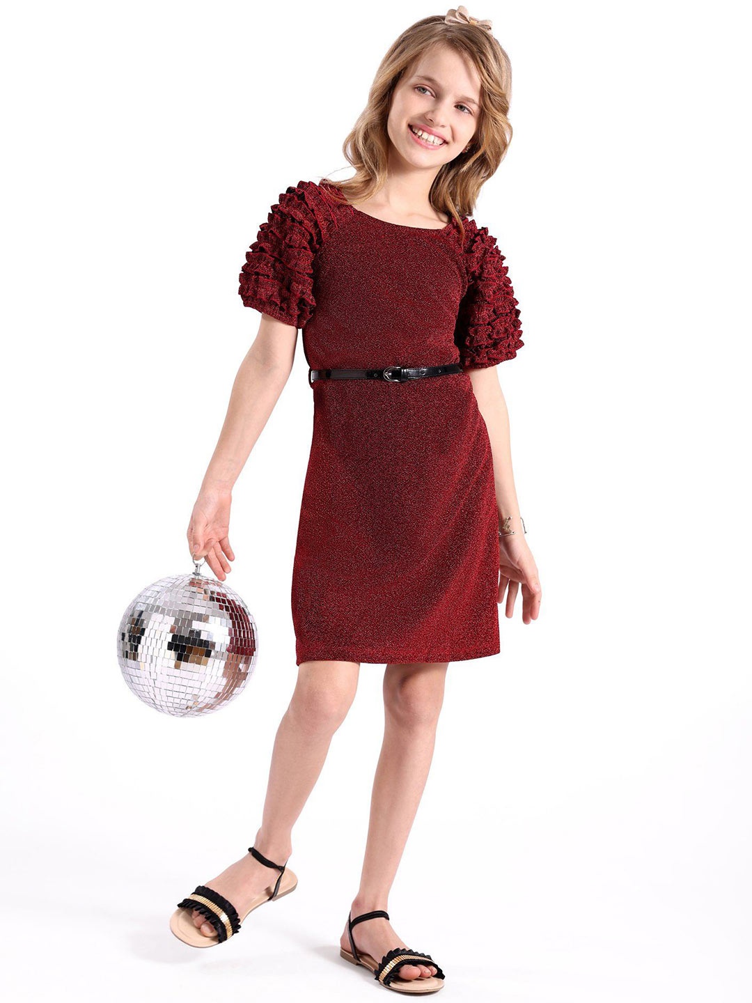 

Hola Bonita Girls Self Design Puff Sleeve A-Line Dress, Red