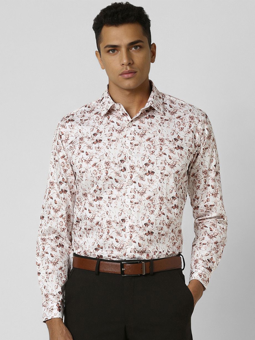 

V Dot Men Slim Fit Floral Opaque Printed Party Shirt, White