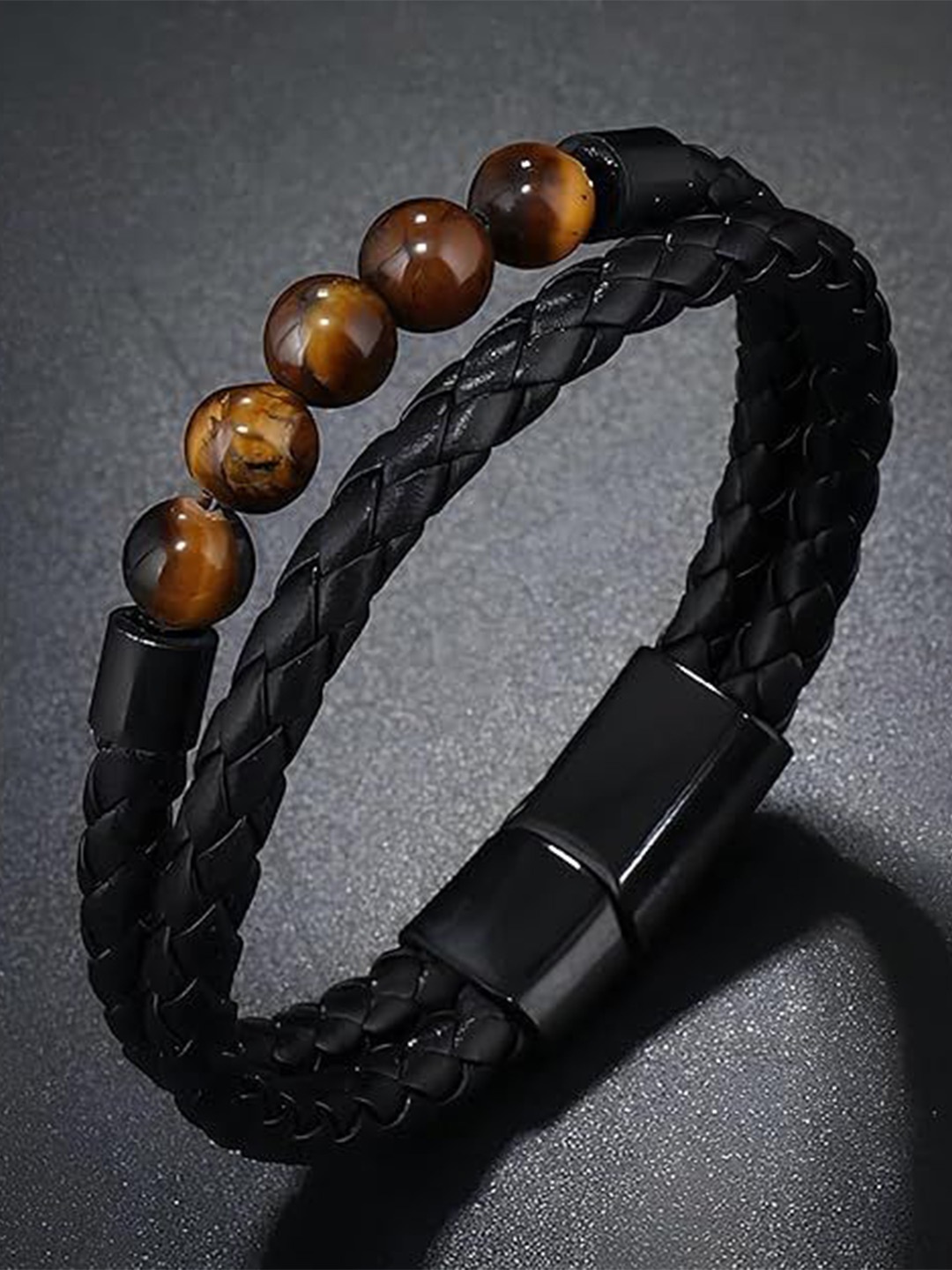 

MEENAZ Men Leather Oxidised Silver-Plated Multistrand Bracelet, Black