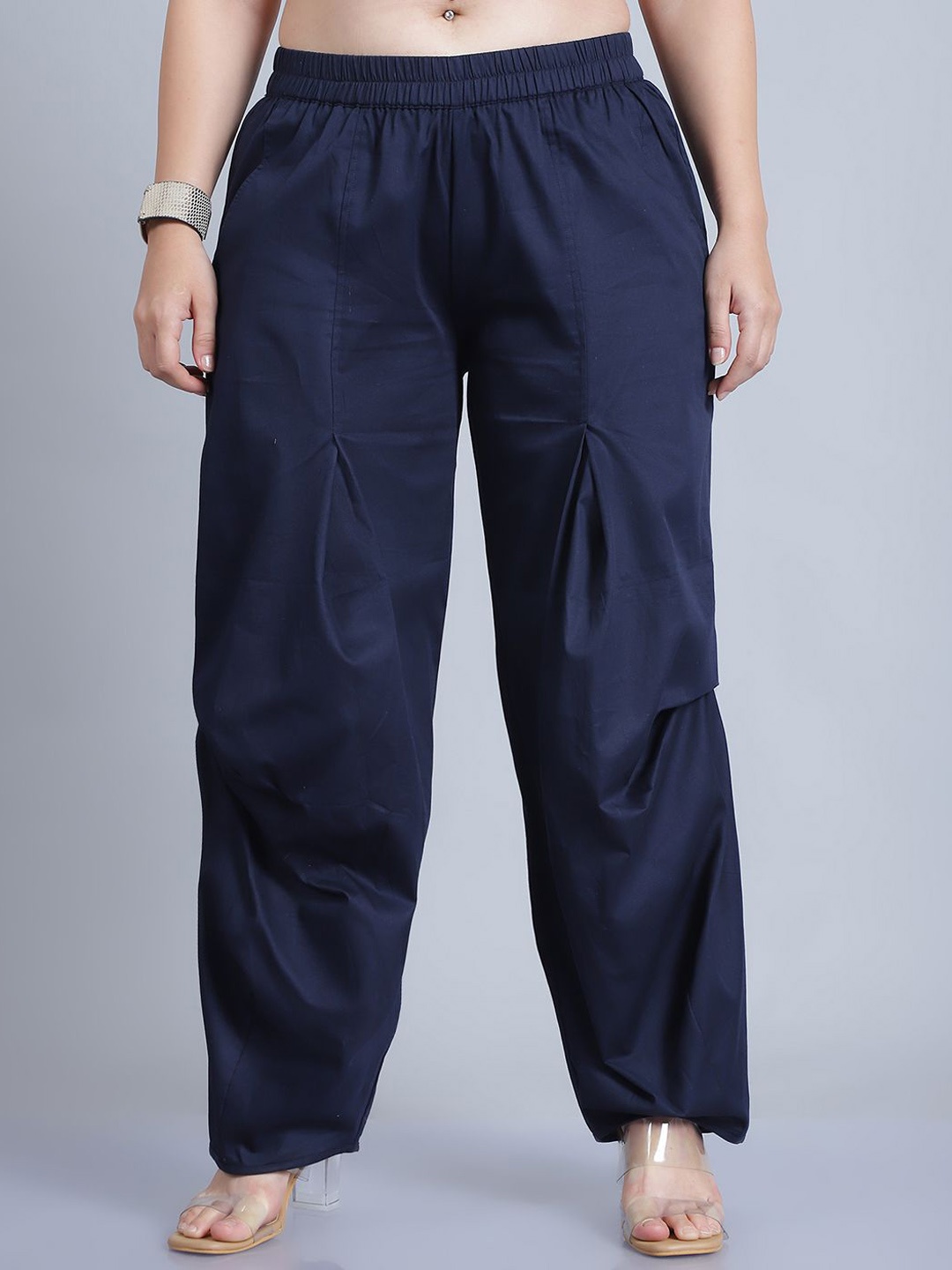 

Baawri Women Pleated Regular Fit Cotton Trousers, Navy blue
