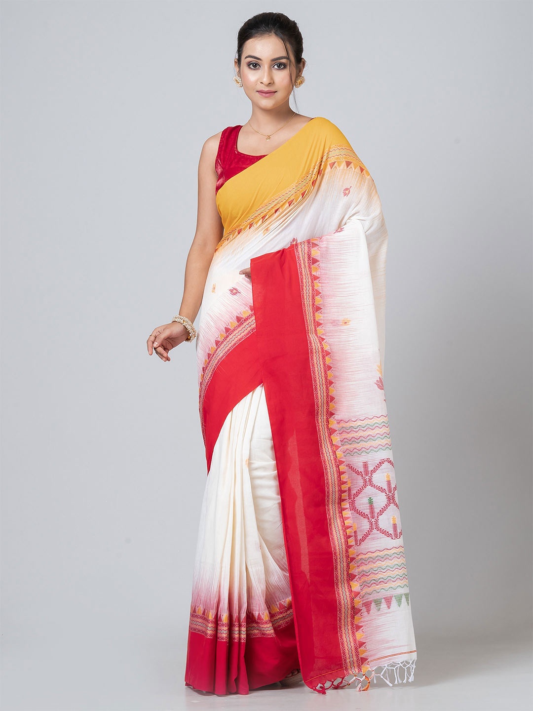 

PUKU Ethnic Motifs Pure Cotton Jamdani Saree, Off white