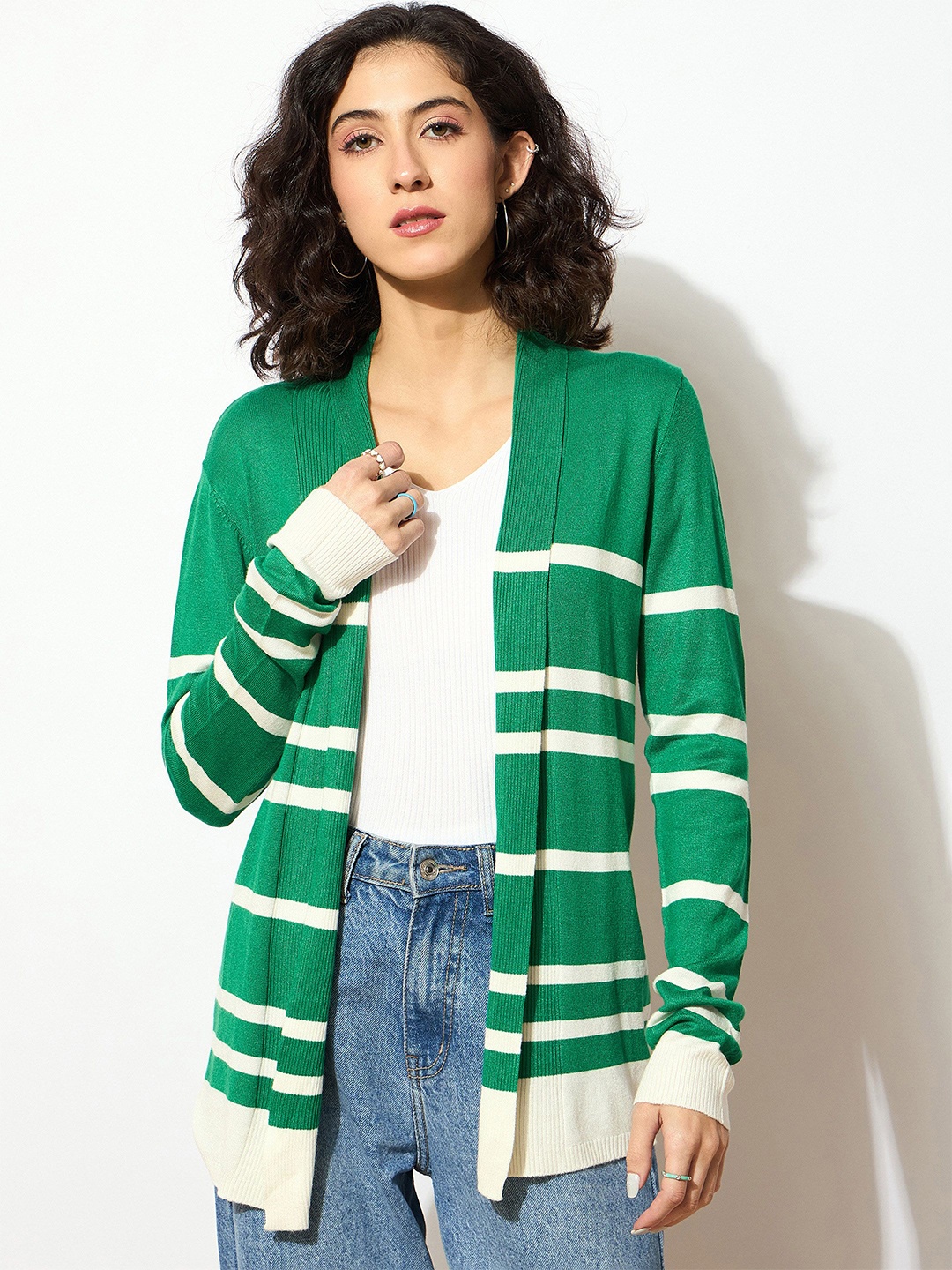 

SASSAFRAS Women Striped Longline Shrug, Green