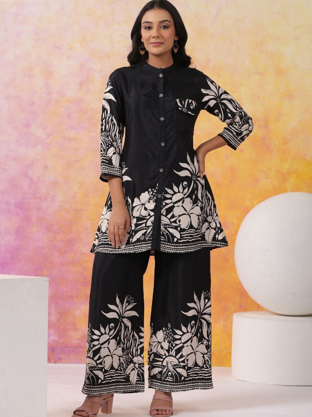 

Kaftanize Mandarin Collar Printed Shirt with Palazzo, Black