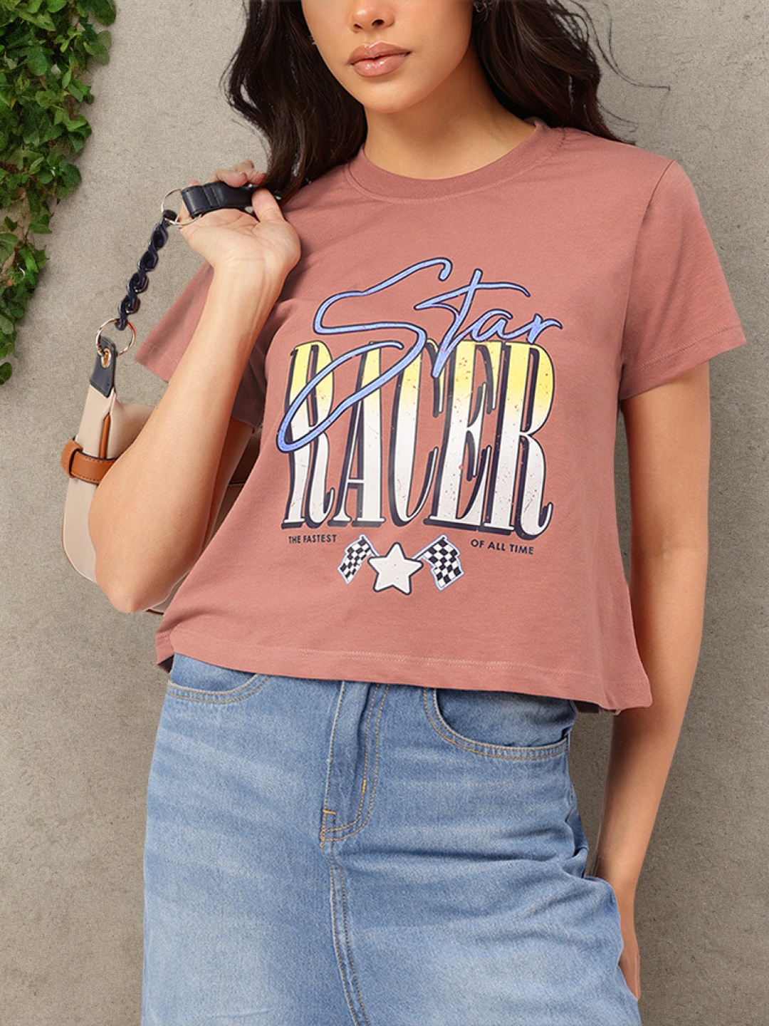 

DressBerry Vintage Racer Printed Crop T-shirt, Rust