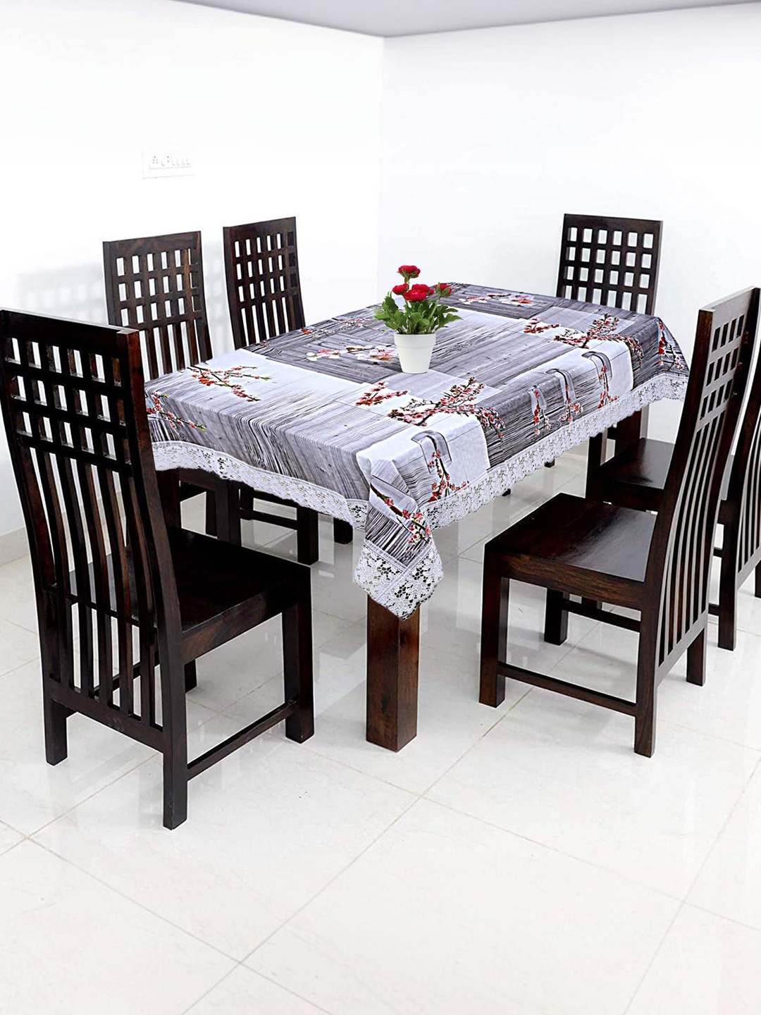 

Kuber Industries Grey Floral Plastic 6-Seater Table Cover
