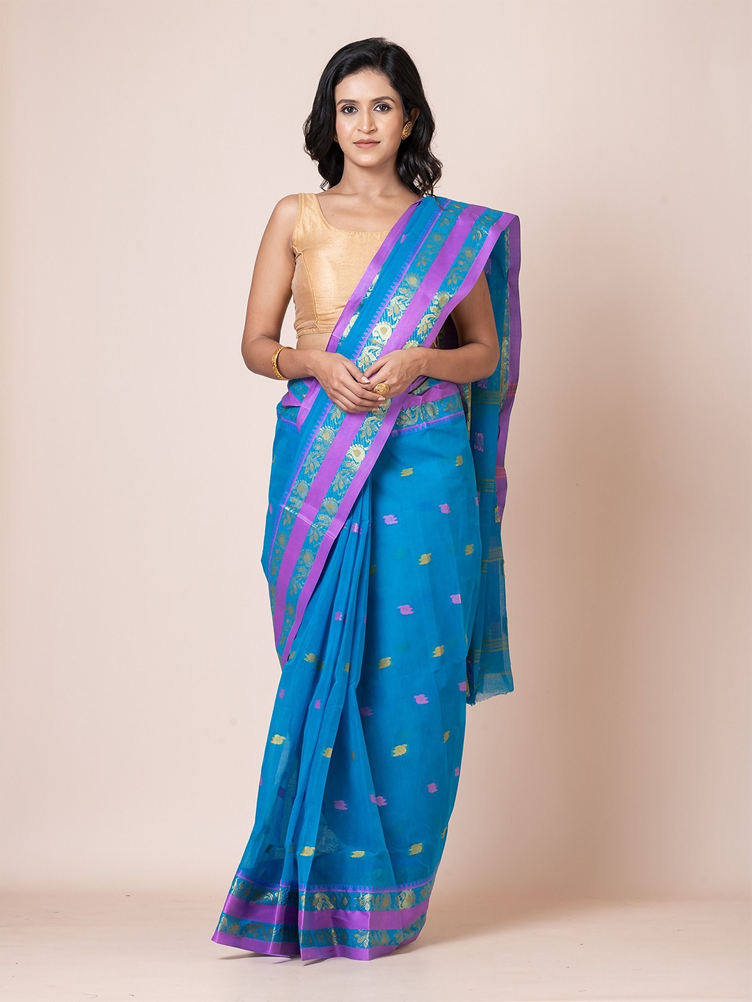

PUKU Woven Design Zari Pure Cotton Tant Saree, Blue