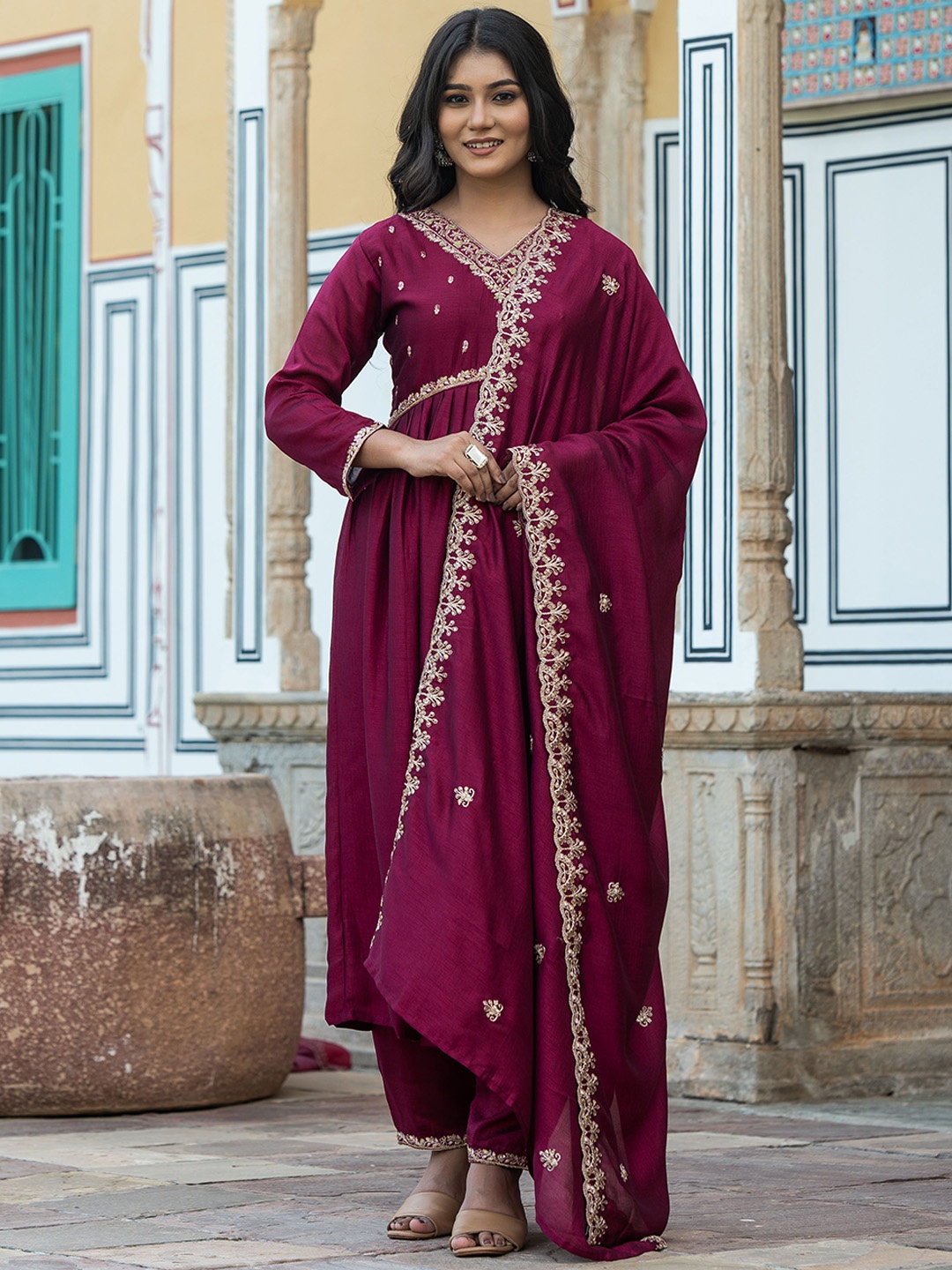 

Navlik Women Embroidered Regular Kurta with Trousers & With Dupatta, Purple
