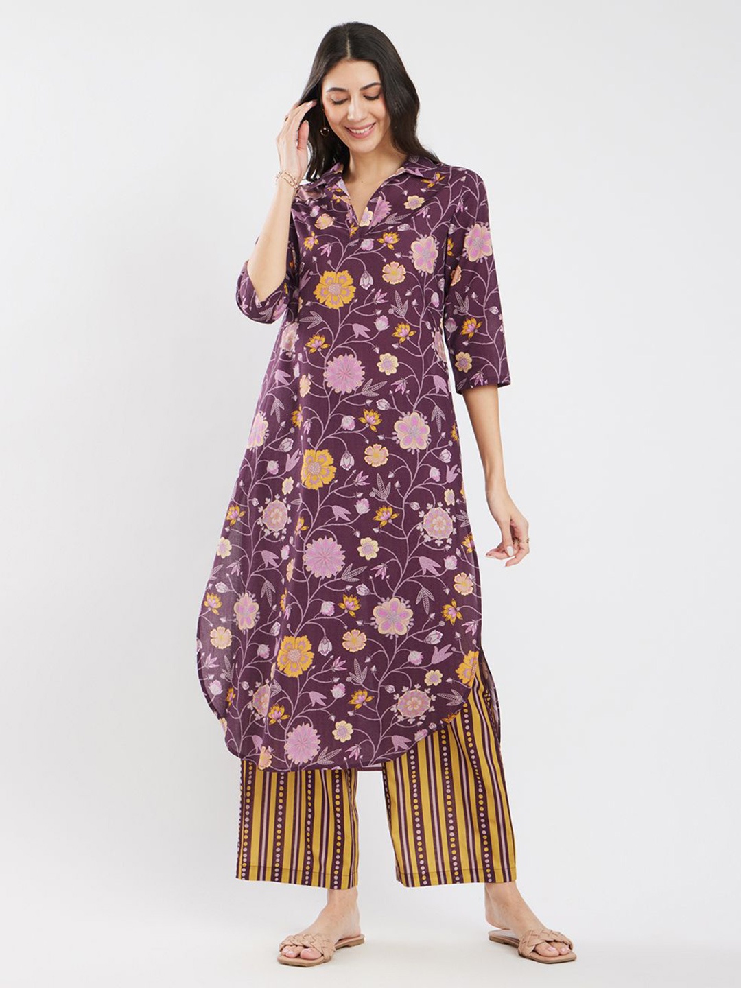 

Pink Fort Women Floral Printed Panelled Pure Cotton Kurta with Trousers, Purple