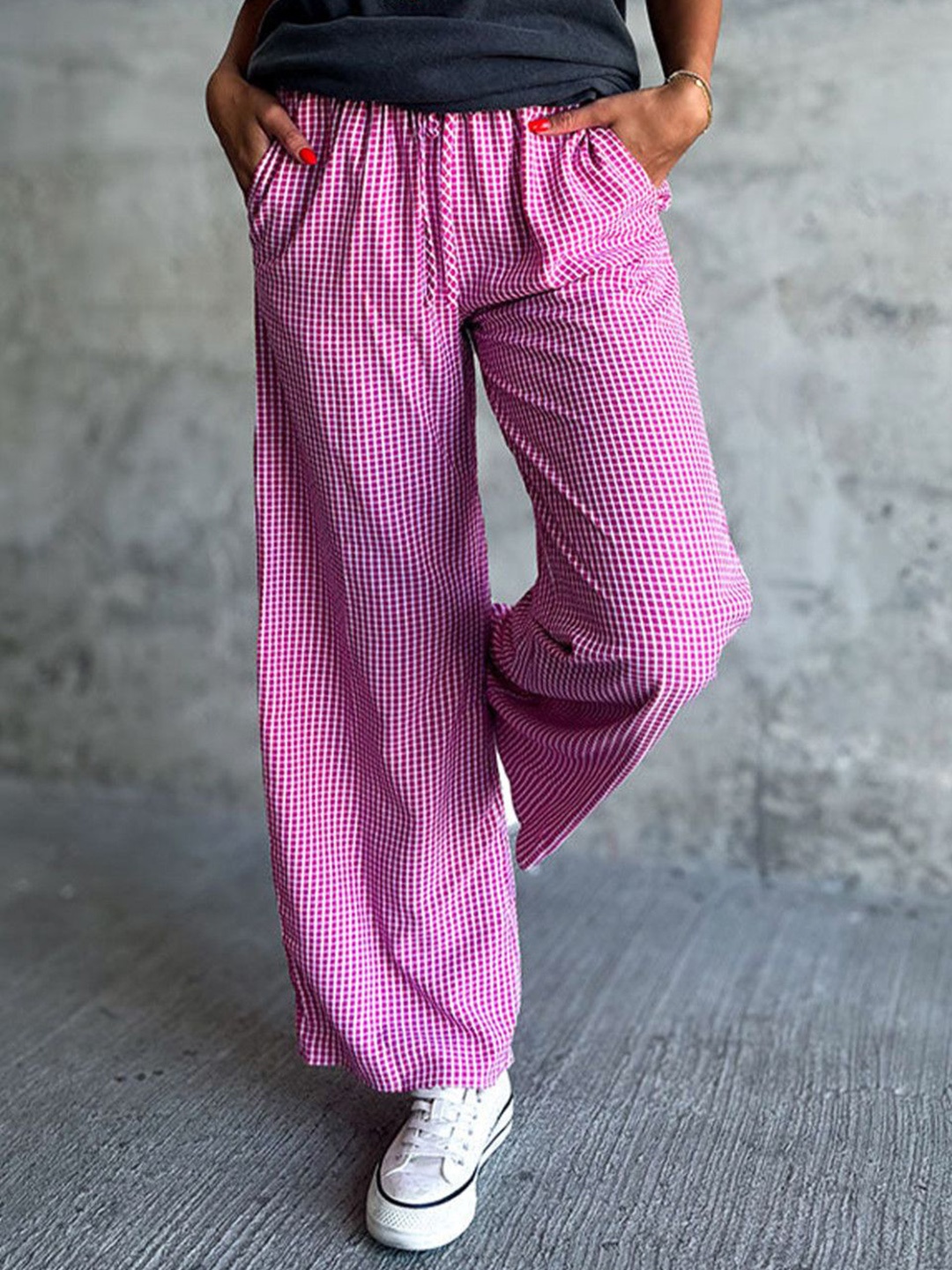 

StyleCast Women Checked Wide Leg Mid-Rise Cotton Trousers, Pink
