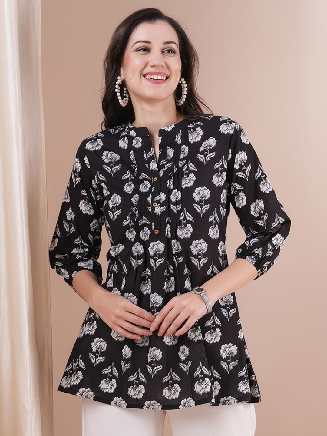 

FASHOR Women Printed Mandarin Collar Tunic, Black