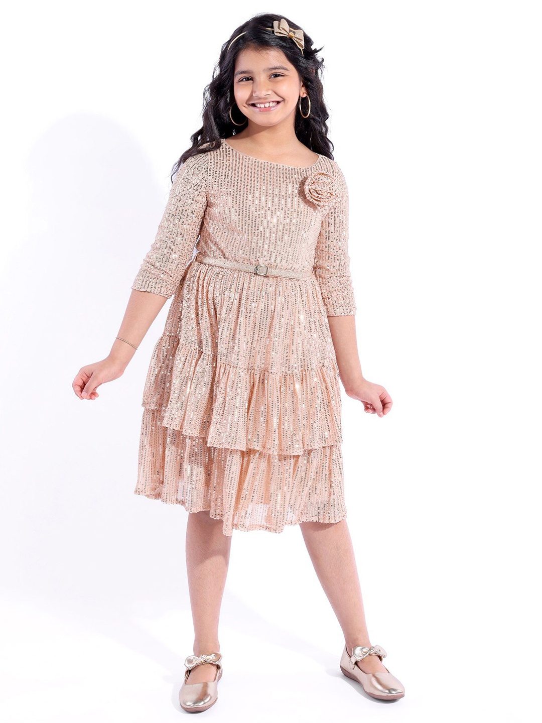 

Hola Bonita Girls Sequined Embellished Fit and Flare Dress Comes with a belt, Rose gold