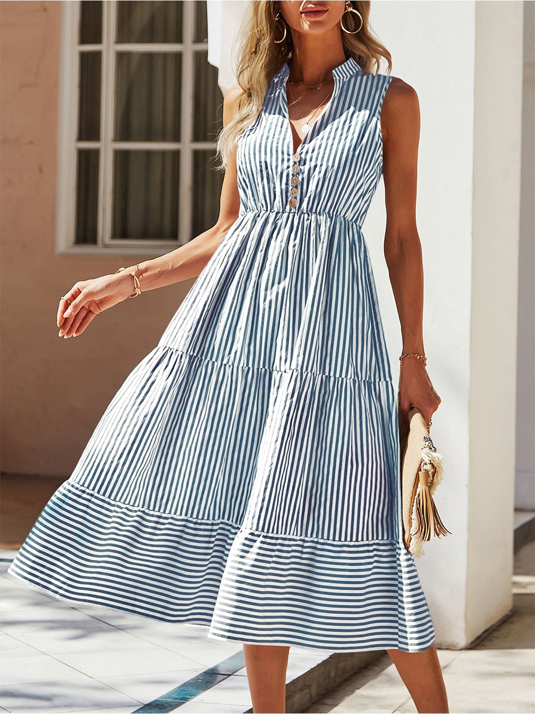 

StyleCast x Revolte Women Striped Sleeveless Fit & Flare Dress, Blue