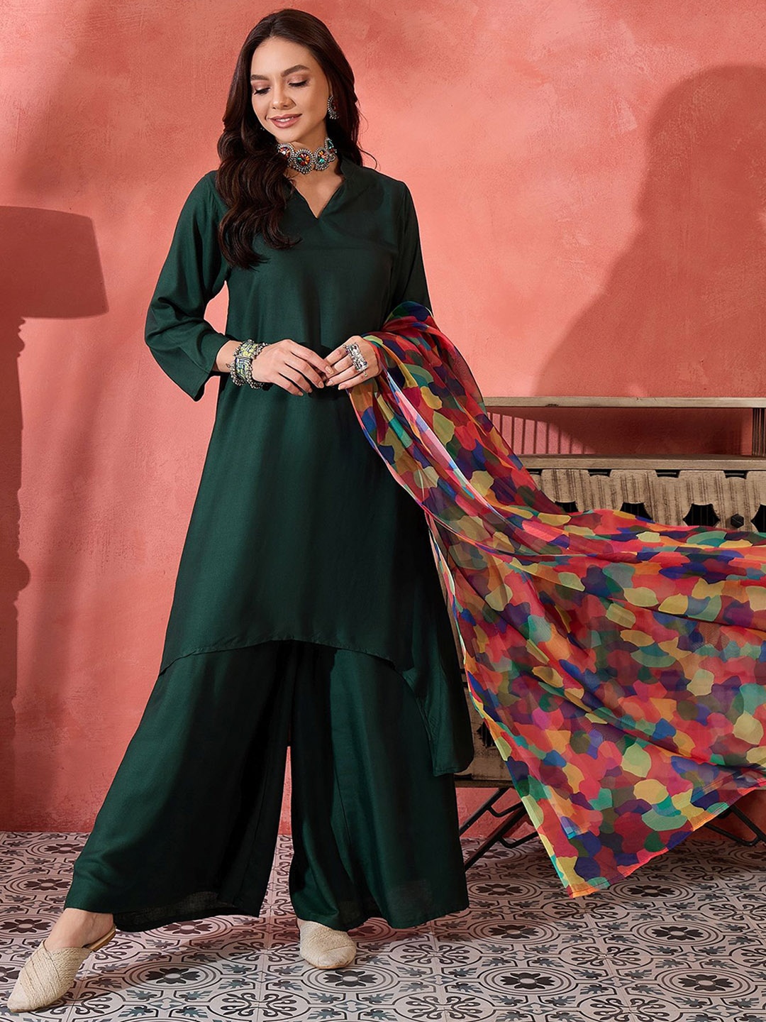 

InWeave Women Regular Kurta with Palazzos & With Dupatta, Green