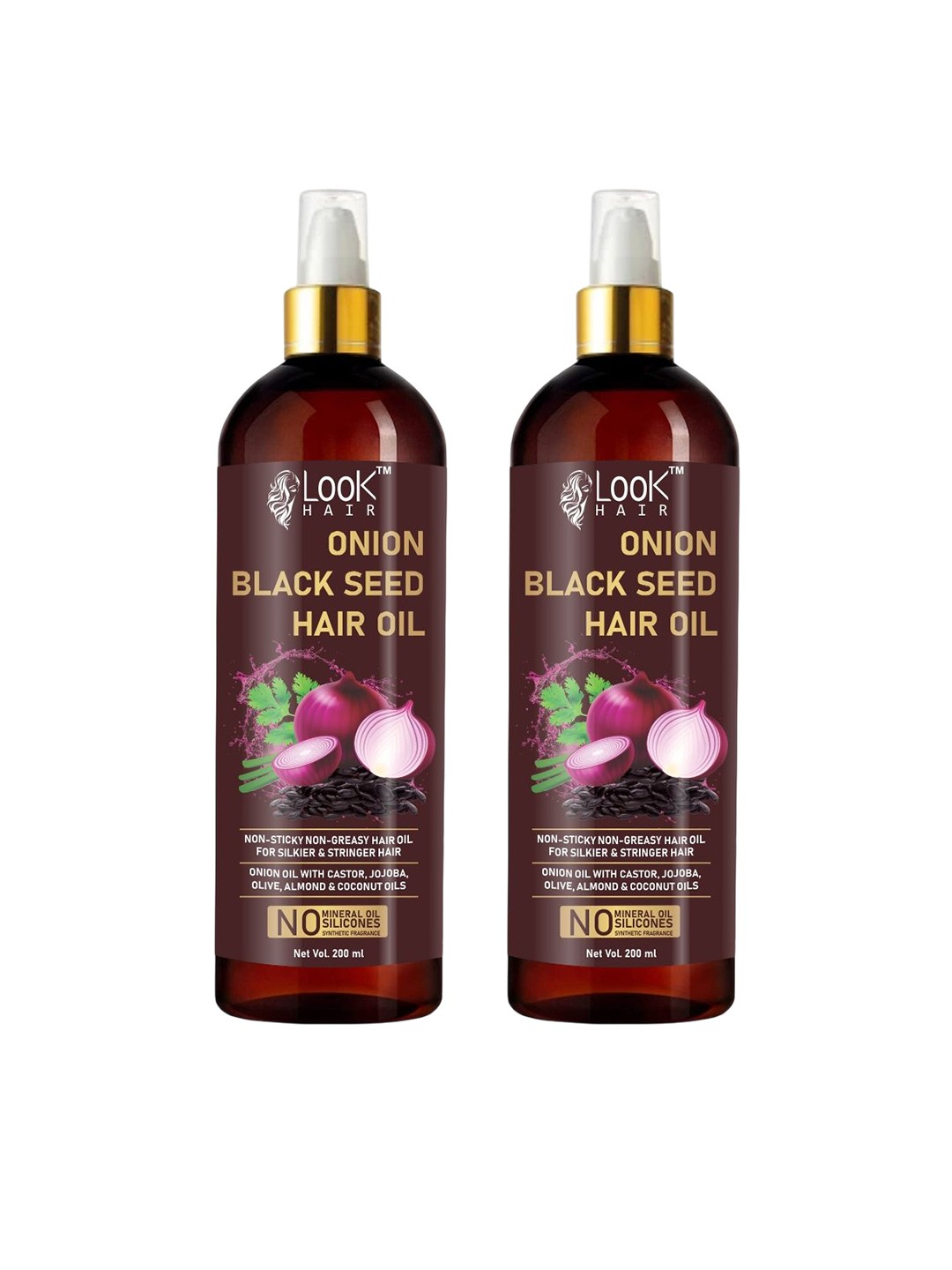 

LOOK HAIR Set Of 2 Onion Black Seed Hair Oil With Jojoba - 200 ml Each, Red
