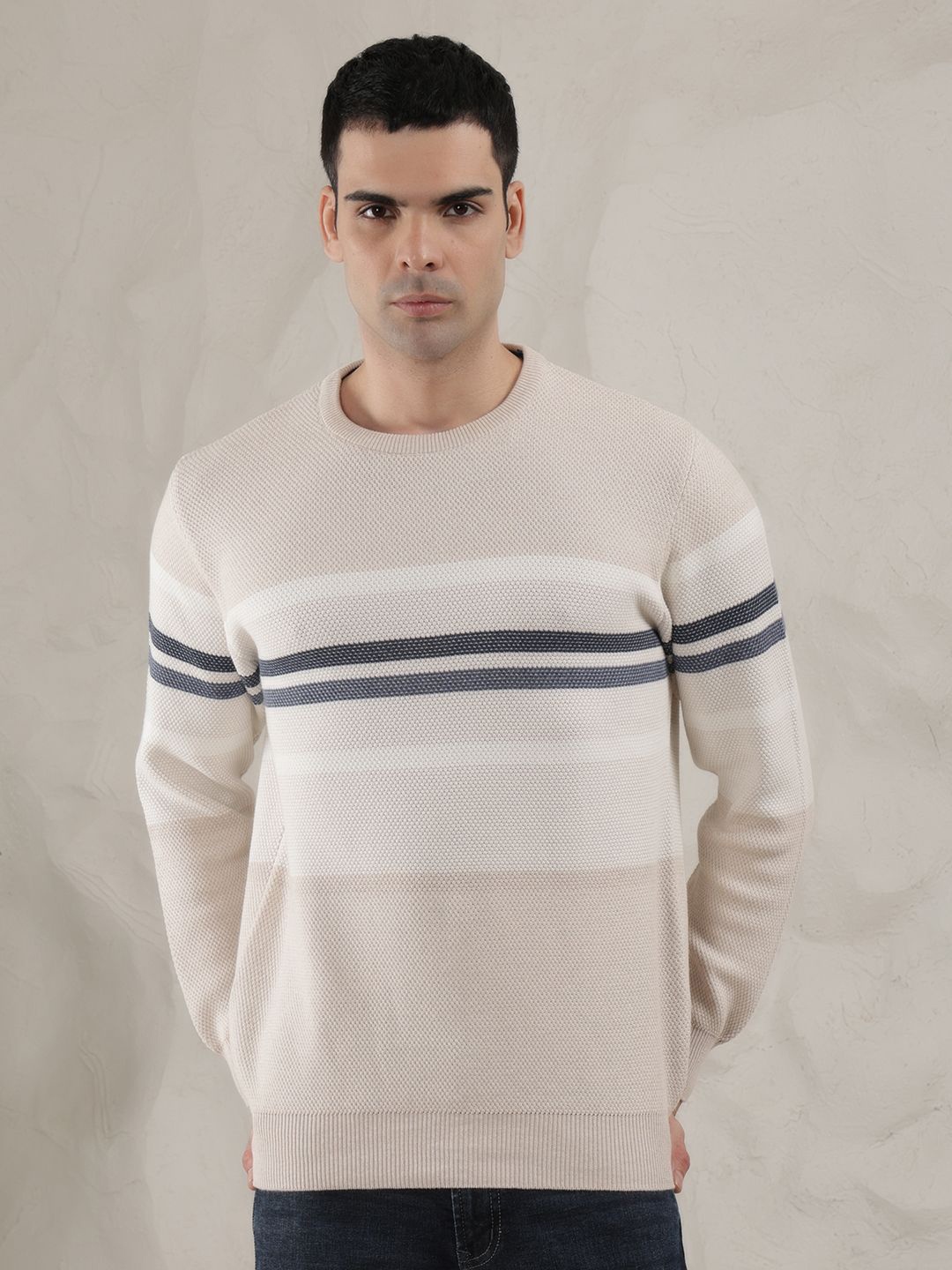 

COBB Men Striped Round Neck Pullover, Beige