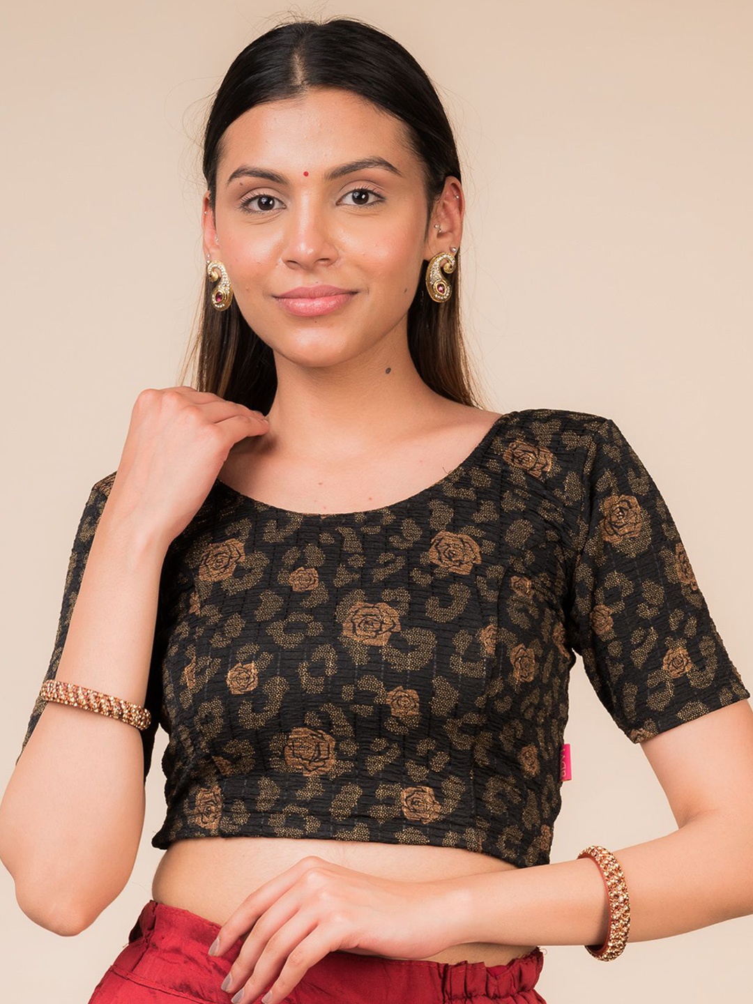 

Bindigasm's Advi Round Neck Woven Design Stretchable Saree Blouse, Black