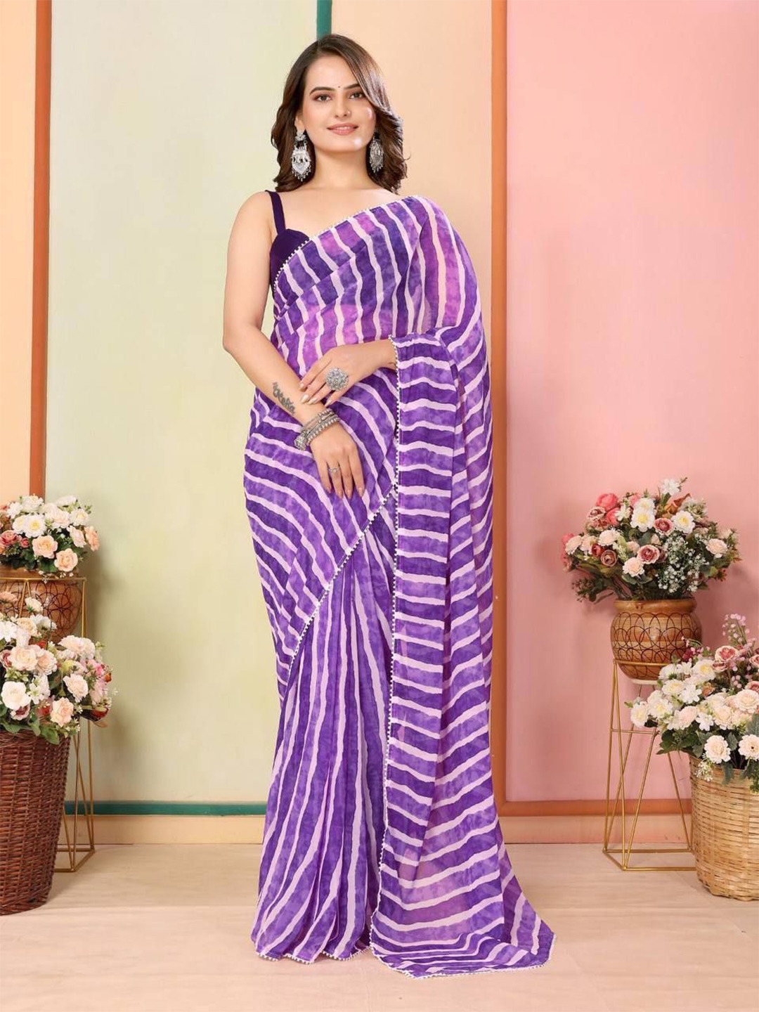 

AWRIYA Leheriya Pure Georgette Ready to Wear Leheriya Saree, Purple