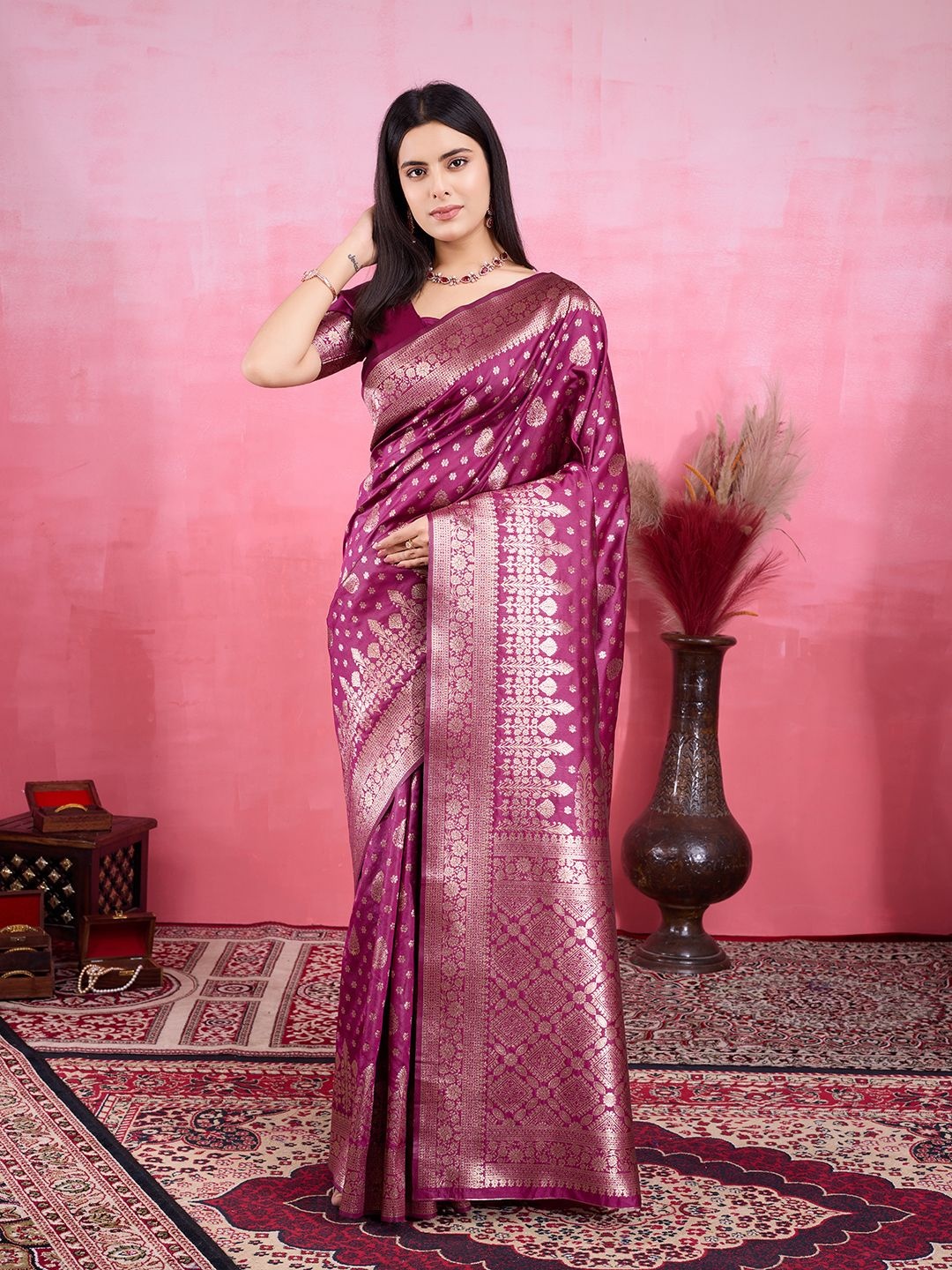 

V3 FASHION STUDIO Woven Design Zari Pure Silk Banarasi Saree, Purple