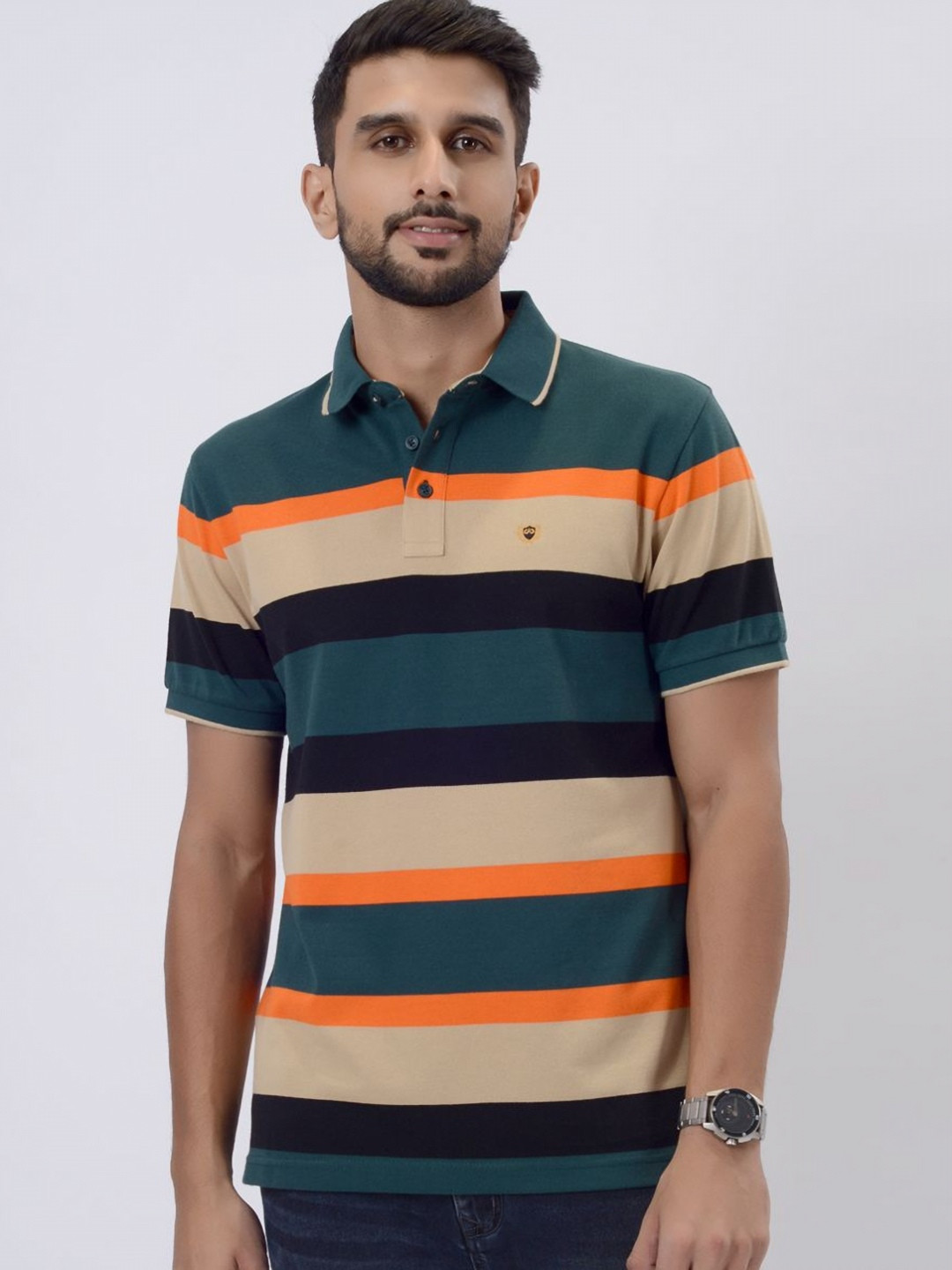 

JADE BLUE Men Striped Polo Collar Slim Fit T-shirt, Multi