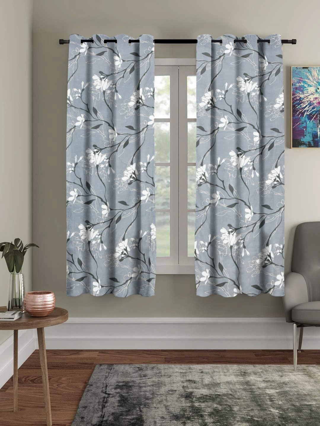 

Myntra Elegant Homes Grey Set of 2 Floral Printed Sheer Window Curtains