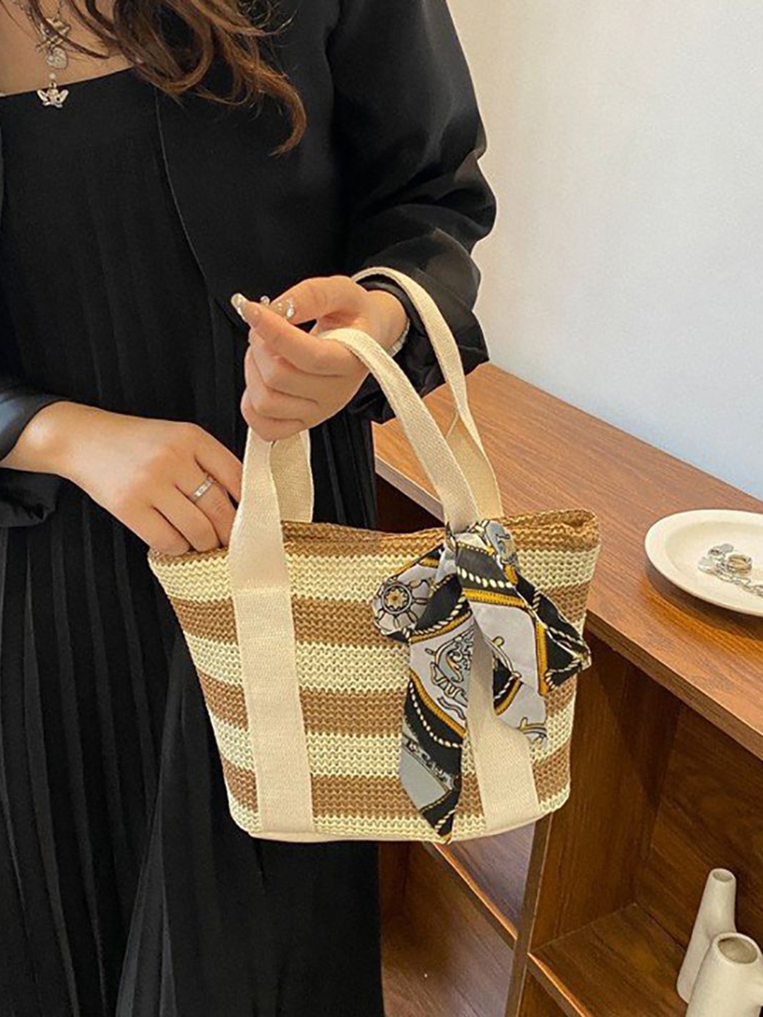 

StyleCast x Revolte Striped Bucket Handheld Bag, Khaki