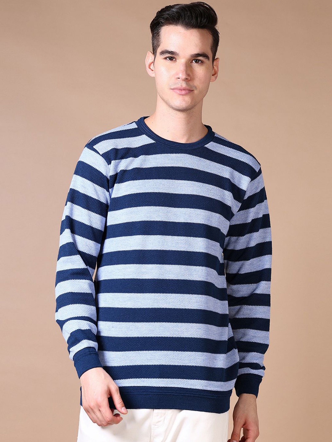 

V-Mart Men Striped Round Neck Long Sleeves Cotton Pullover Sweater, Blue