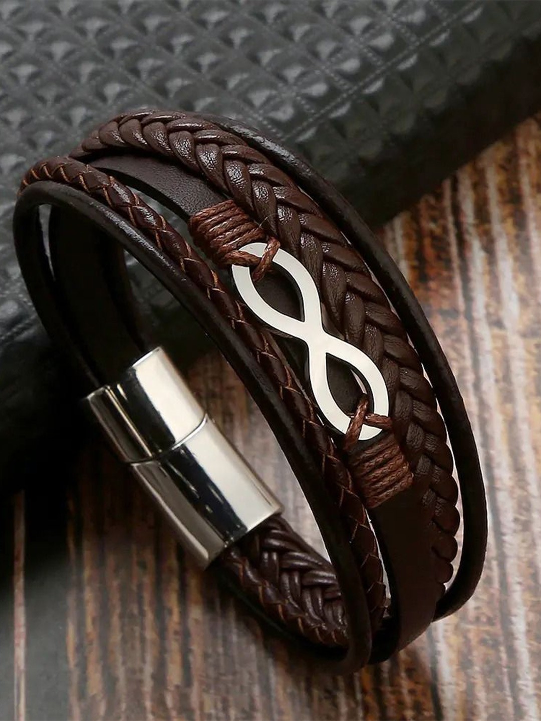 

MEENAZ Men Leather Silver-Plated Wraparound Bracelet