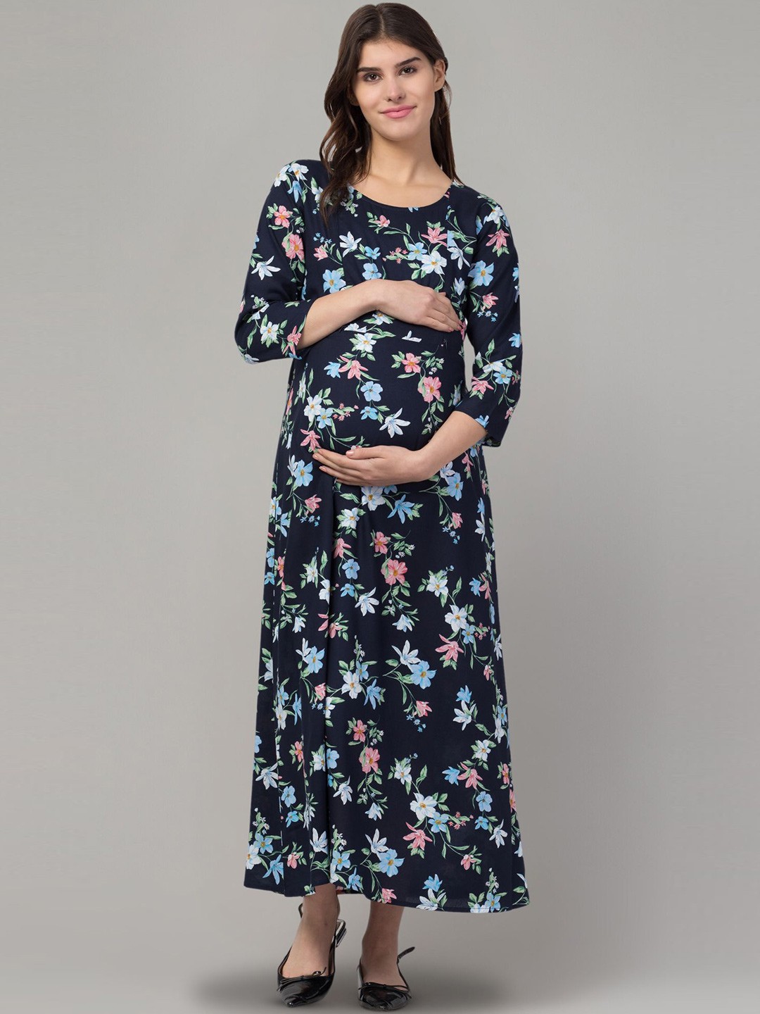 

Zuvino Floral Print Maternity A-Line Midi Dress, Navy blue