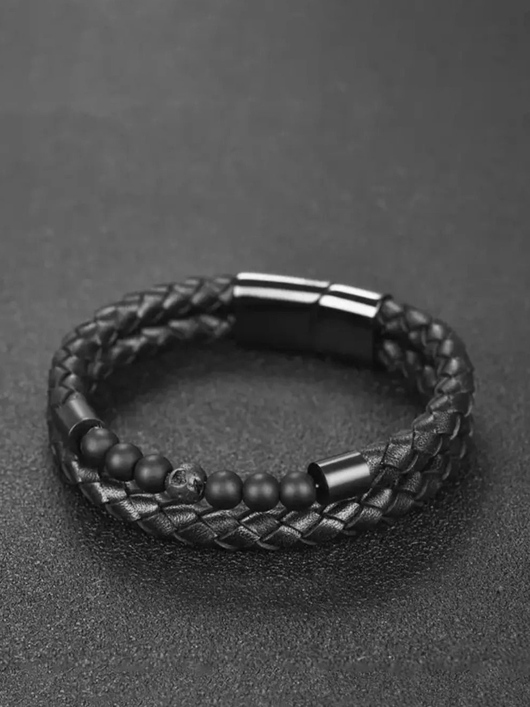 

MEENAZ Men Leather Oxidised Silver-Plated Multistrand Bracelet, Black
