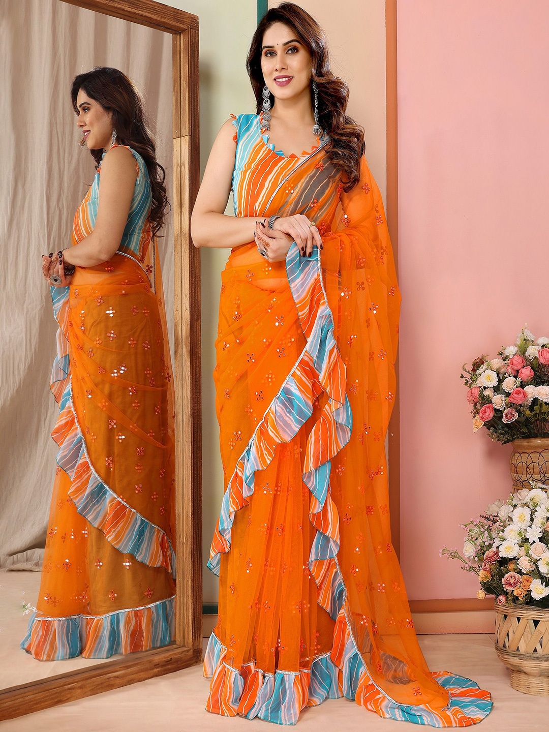 

CATCHY FOREVER Embellished Mirror Work Net Saree, Orange
