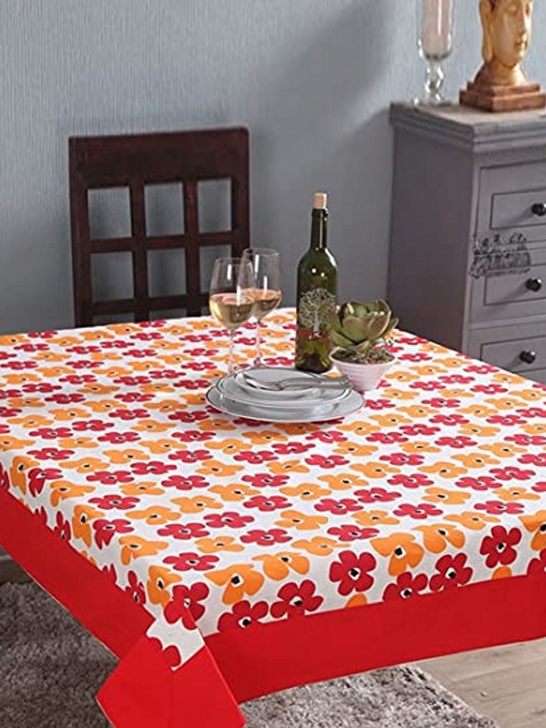 

Lushomes Red & Orange Floral Printed Cotton 6-Seater Table Cover