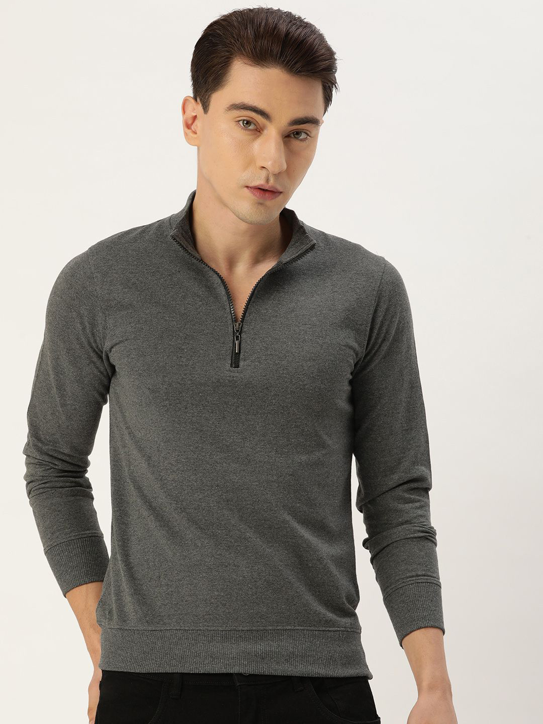

ARISE Men Self Design High Neck Long Sleeves Sweatshirt, Grey melange